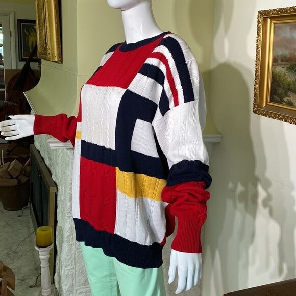 90’s Nautica Colour Block 100% Cotton Multi Colour Cable Knit Oversized Sweater - Picture 8 of 13